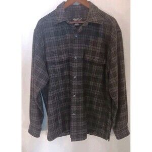 Vintage Eddie Bauer Men's L Wool Blend Flannel Shirt Grey Black Plaid 90s Heavy